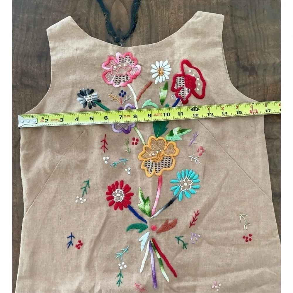 Vintage 60’s 70’s Hand Stitch Embroidery Floral Colorful Garden Sheath Tan Dress - Picture 9 of 15